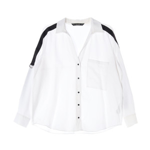 [S]자라 화이트 블랙 스트랩 롤업 오버핏 브이넥 셔츠