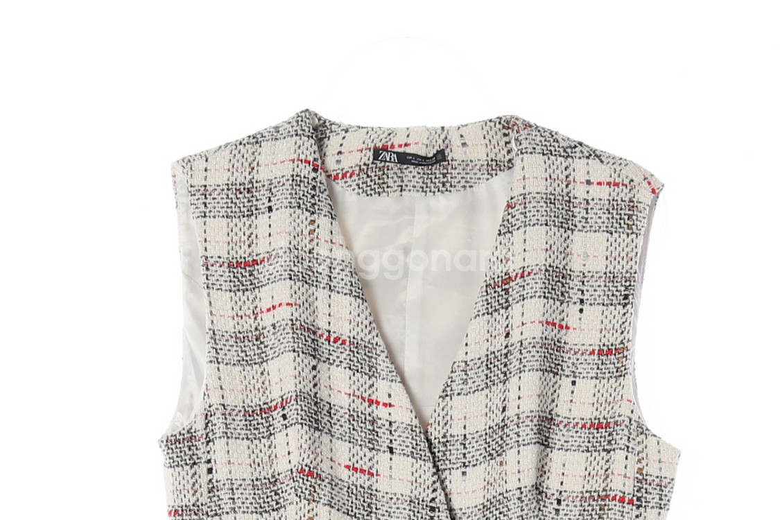 [L]자라 아이보리 체크 브이넥 민소매 베스트 트위드자켓 재킷--1