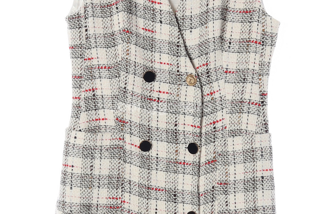 [L]자라 아이보리 체크 브이넥 민소매 베스트 트위드자켓 재킷--2