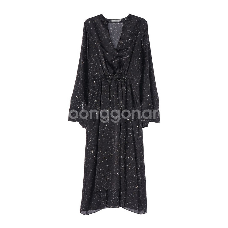 [M]빈스 새틴 블랙 패턴 브이넥 긴팔 롱 튜닉원피스 드레스--0