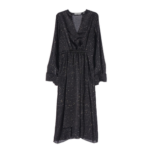 [M]빈스 새틴 블랙 패턴 브이넥 긴팔 롱 튜닉원피스 드레스