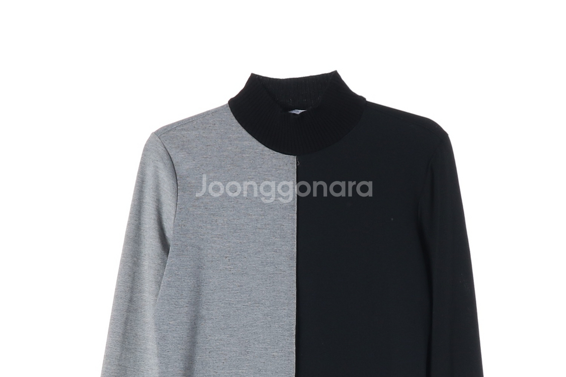 [L]자라 블랙 그레이 배색 하프넥 긴팔 롱 원피스 드레스--1