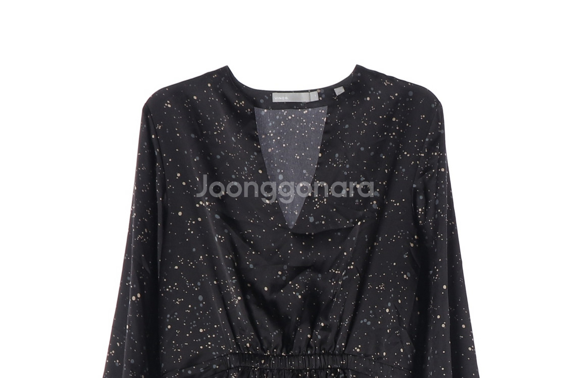 [M]빈스 새틴 블랙 패턴 브이넥 긴팔 롱 튜닉원피스 드레스--1