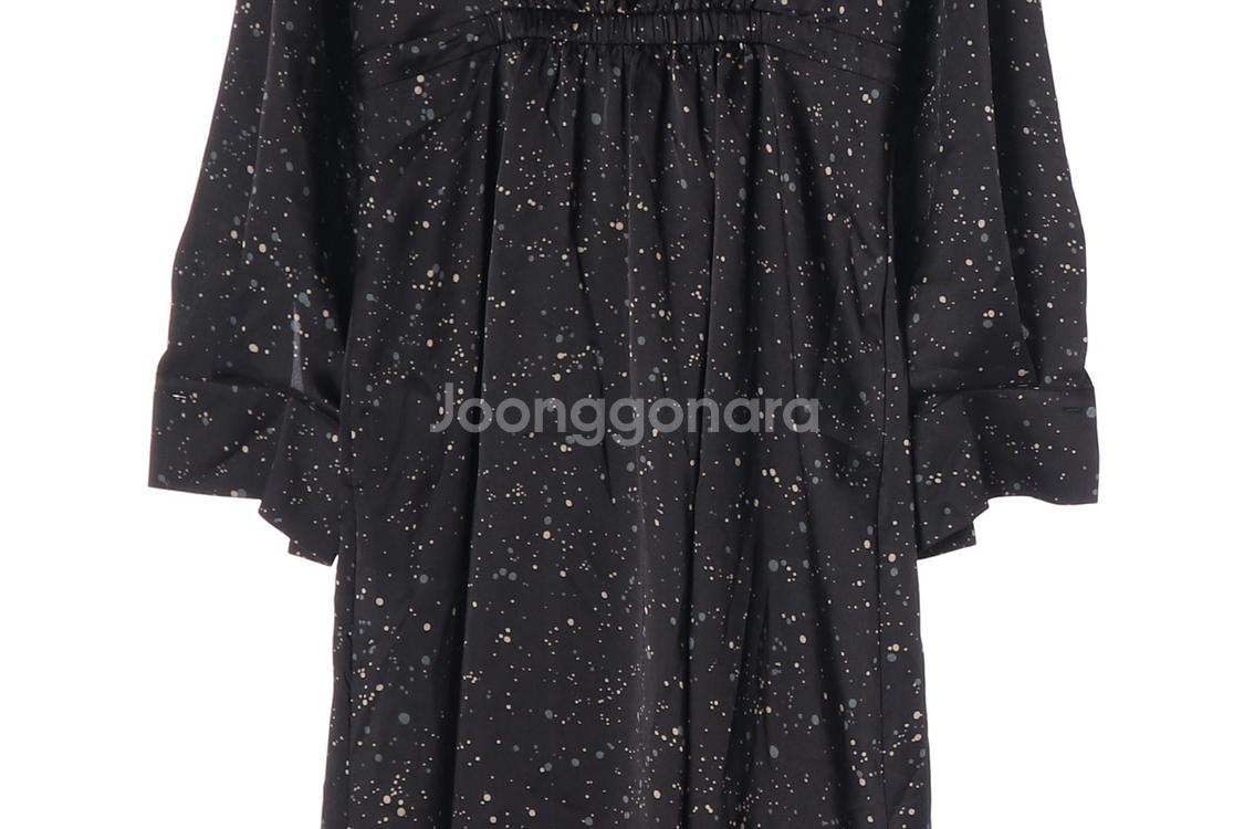 [M]빈스 새틴 블랙 패턴 브이넥 긴팔 롱 튜닉원피스 드레스--2