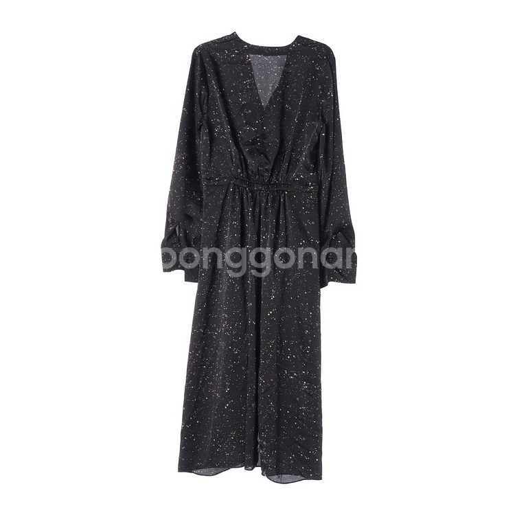 [M]빈스 새틴 블랙 패턴 브이넥 긴팔 롱 튜닉원피스 드레스--4