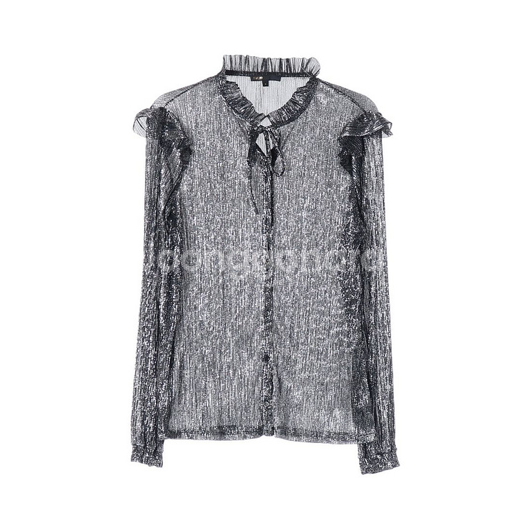 [S]maje마쥬 블랙 실버 메탈 리본 타이 러플 긴팔 블라우스--0