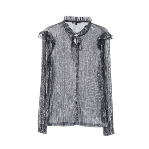 [S]maje마쥬 블랙 실버 메탈 리본 타이 러플 긴팔 블라우스