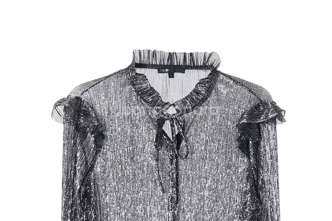 [S]maje마쥬 블랙 실버 메탈 리본 타이 러플 긴팔 블라우스--1