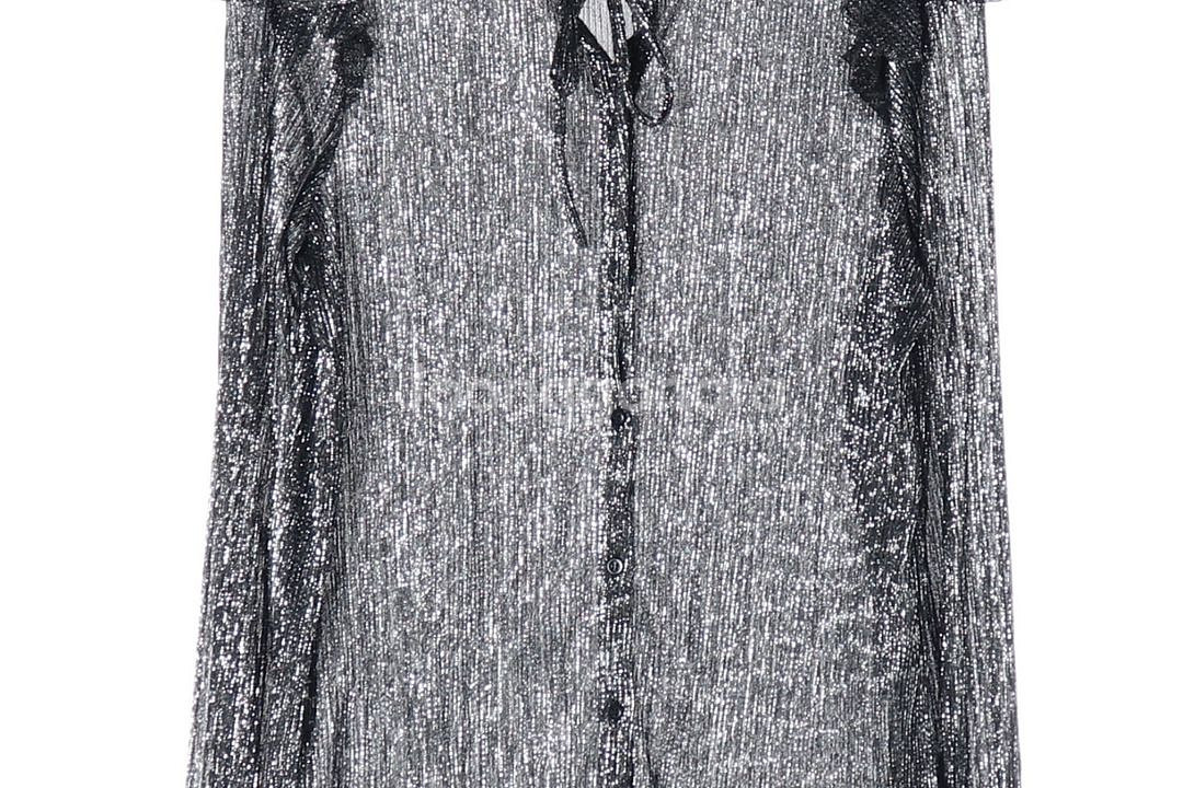 [S]maje마쥬 블랙 실버 메탈 리본 타이 러플 긴팔 블라우스--2