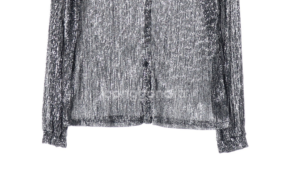 [S]maje마쥬 블랙 실버 메탈 리본 타이 러플 긴팔 블라우스--3