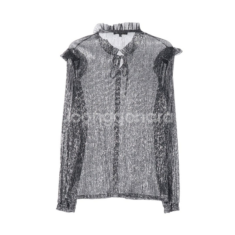 [S]maje마쥬 블랙 실버 메탈 리본 타이 러플 긴팔 블라우스--4