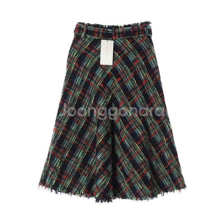 (새상품)[XS]자라 멀티컬러 체크 벨트 트위드 롱 스커트 치마--3