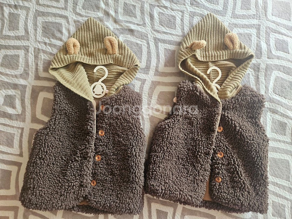 쌍둥이 곰돌이 후드 털조끼--0