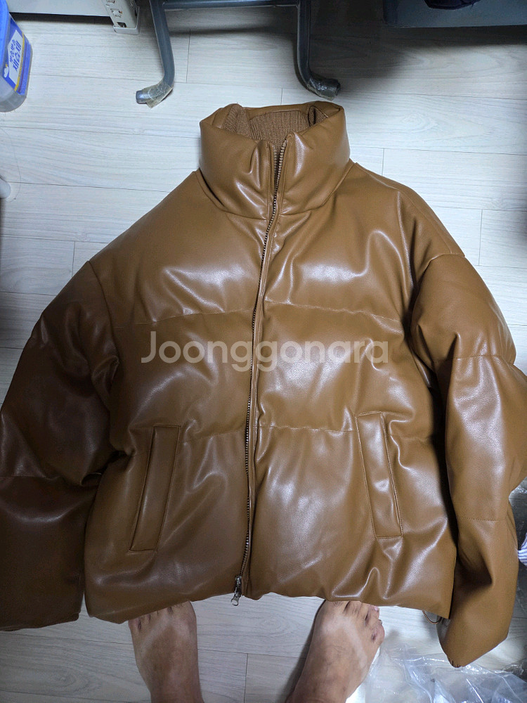 라퍼지스토어 정품 하이넥 레더 브라운 구스 패딩 100사이즈--0