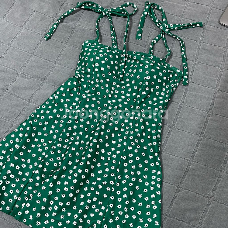 그린 꽃무늬 미니 캡내장 원피스 수영복--0