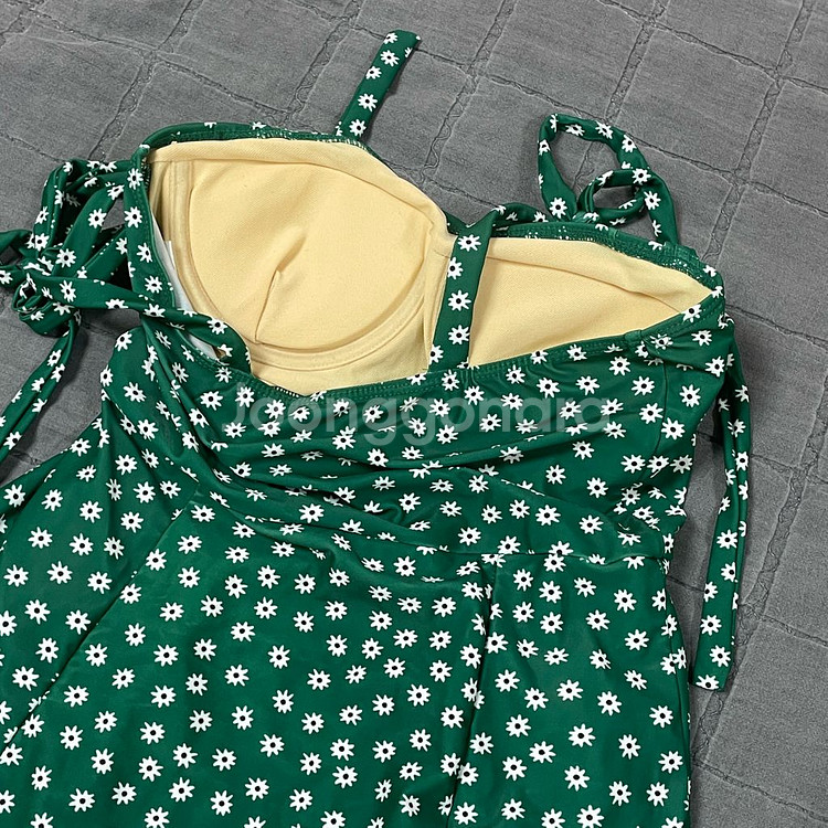 그린 꽃무늬 미니 캡내장 원피스 수영복--5