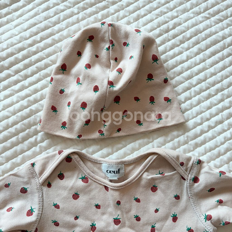 3-6m 우프 oeuf 아기 딸기 바디수트슈트 모자세트 비니 올인원우주복--2
