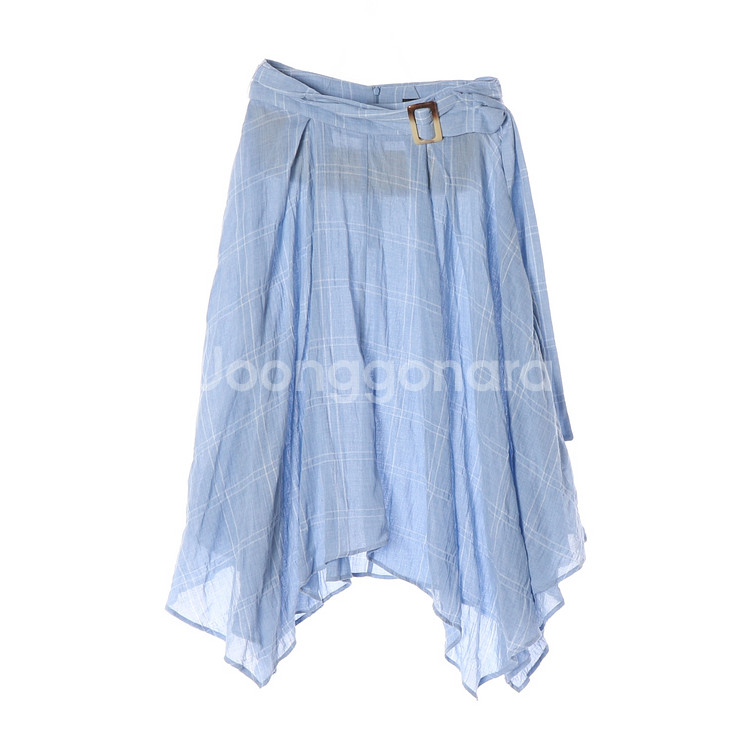 [M]자라 스카이블루 체크 벨트 언발 롱 스커트 치마--0