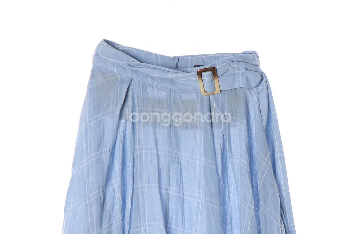 [M]자라 스카이블루 체크 벨트 언발 롱 스커트 치마--1