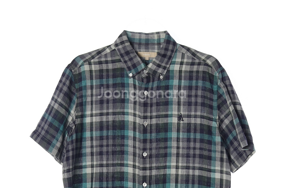 [L]빈폴 린넨100% 네이비 그린 체크 반팔 셔츠--1