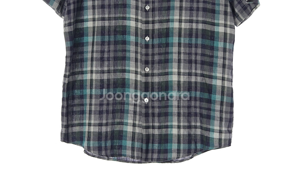 [L]빈폴 린넨100% 네이비 그린 체크 반팔 셔츠--2