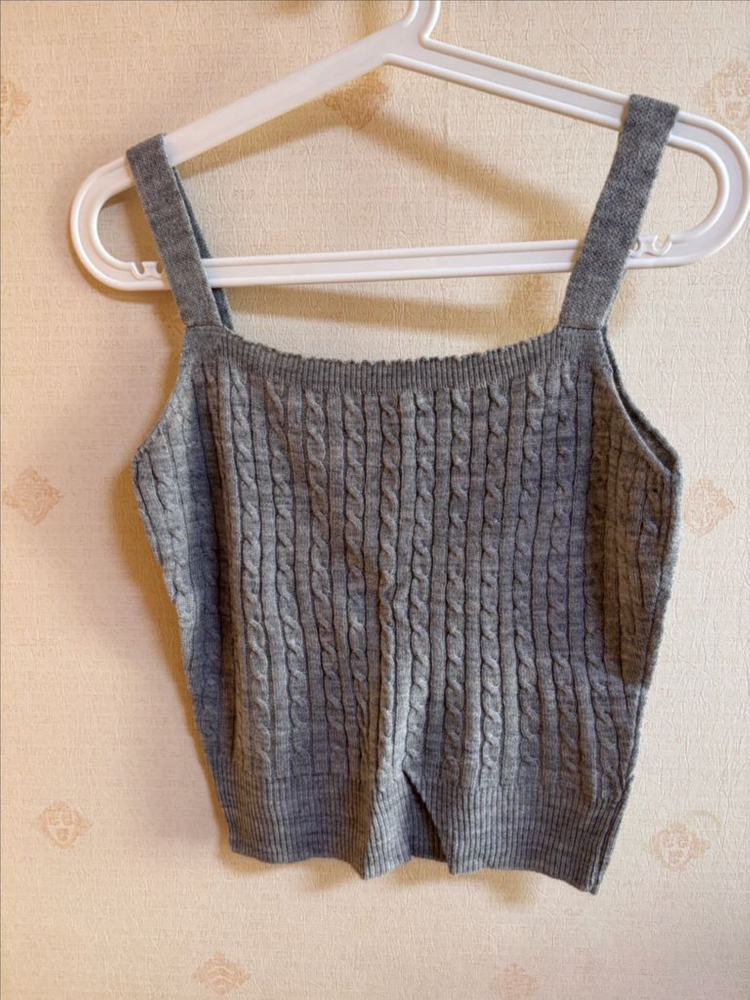 그레이색 골지 니트 가디건 & 나시 세트--2