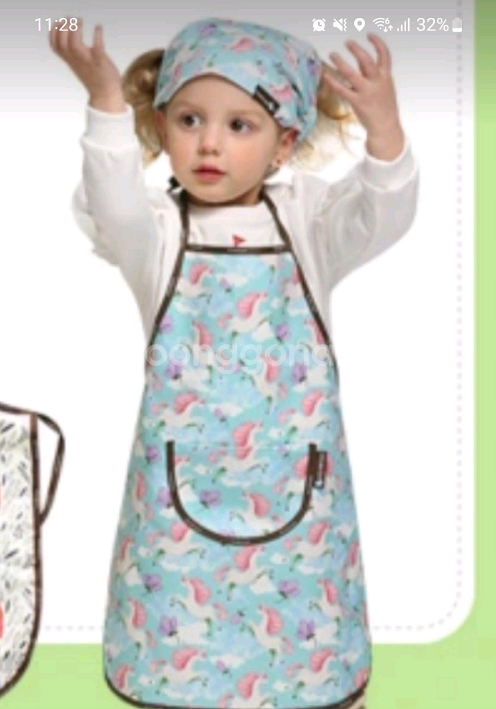 유아 앞치마세트(방수) 어린이 킨더스펠 유니콘 L 에이프런 헤어밴드 두건 키즈--2