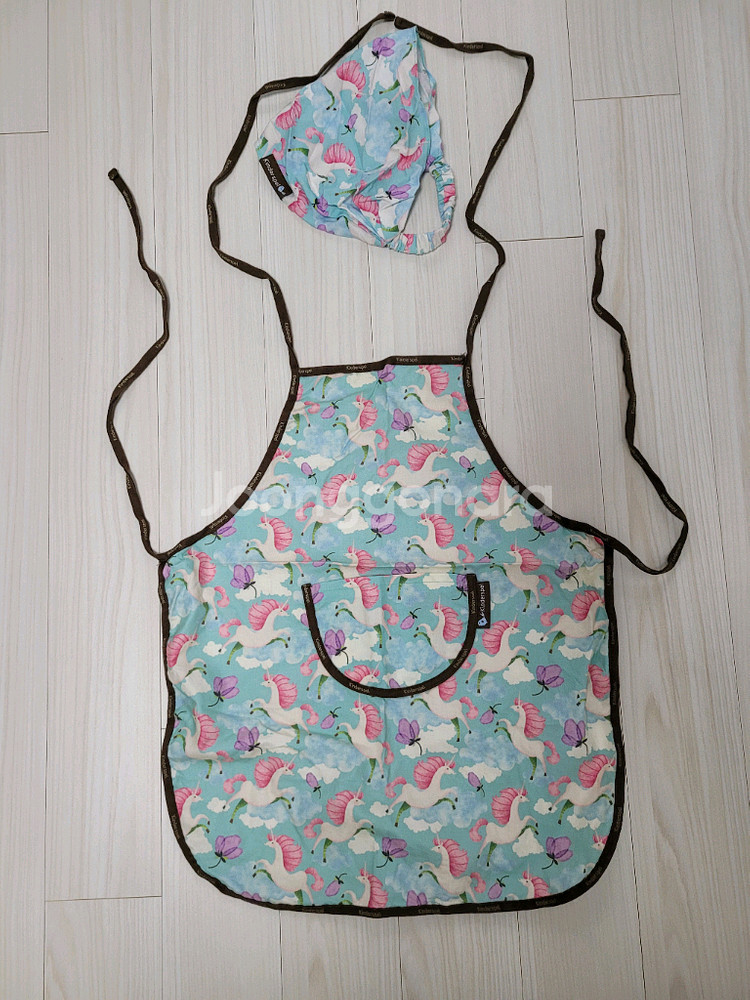 유아 앞치마세트(방수) 어린이 킨더스펠 유니콘 L 에이프런 헤어밴드 두건 키즈--0