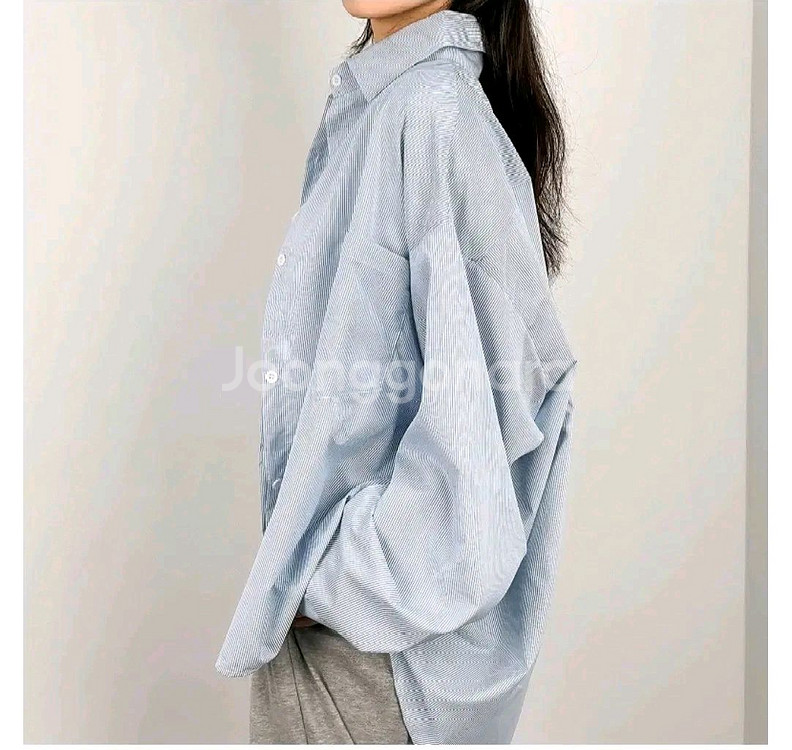 오버핏 스트라이프 셔츠 - 블루,프리--4