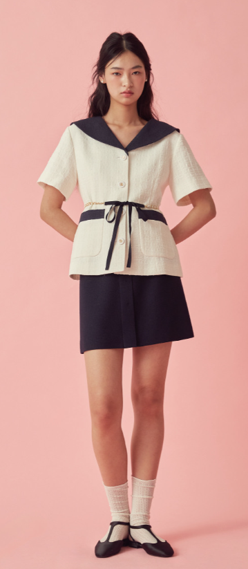 (새상품, 택O)쟈니헤잇재즈 리본 벨티드 트위드 자켓 화이트--0