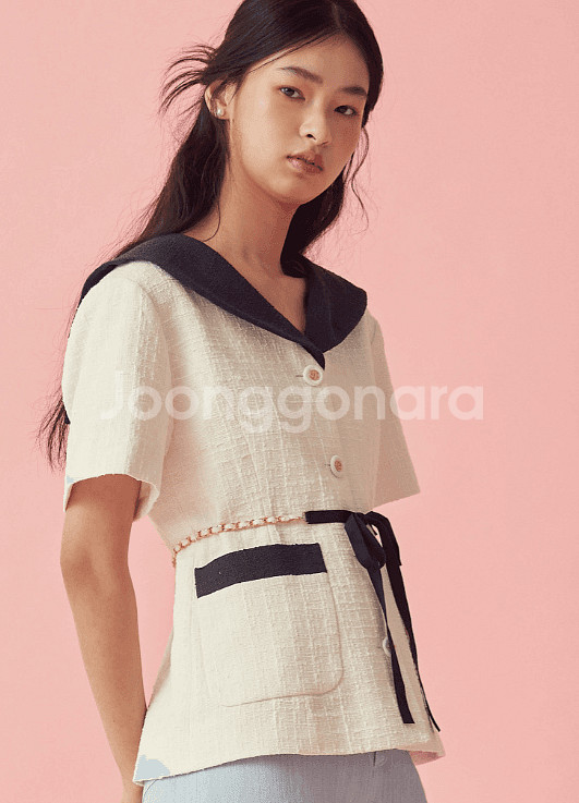 (새상품, 택O)쟈니헤잇재즈 리본 벨티드 트위드 자켓 화이트--5