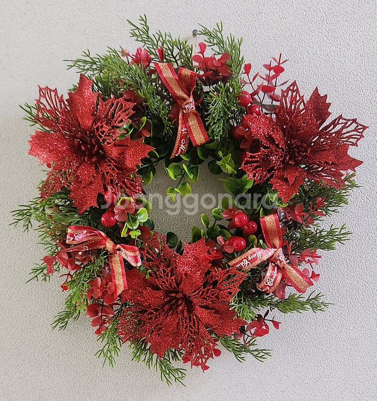 새상품)대형 크리스마스 리스 포인세티아 열매 조화--0