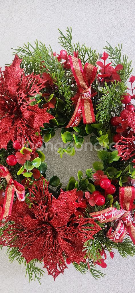 새상품)대형 크리스마스 리스 포인세티아 열매 조화--6