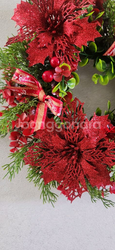 새상품)대형 크리스마스 리스 포인세티아 열매 조화--4