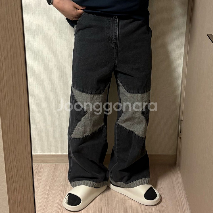 정품 꼼파뇨 스타 와이드 흑청 데님팬츠 블랙 청바지30--0