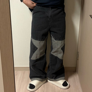 정품 꼼파뇨 스타 와이드 흑청 데님팬츠 블랙 청바지30