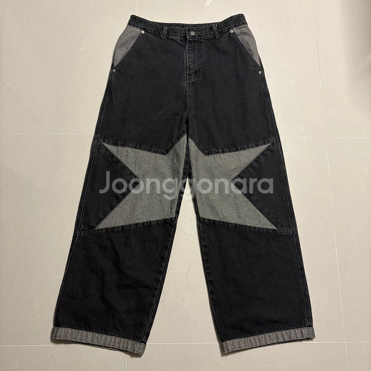정품 꼼파뇨 스타 와이드 흑청 데님팬츠 블랙 청바지30--3