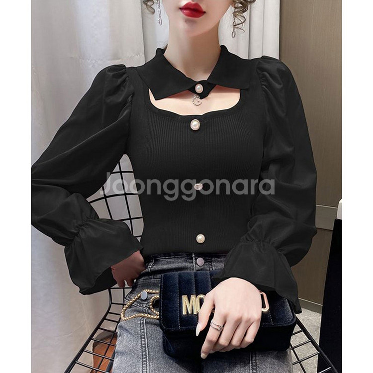 퍼프소매 니트 블라우스--0