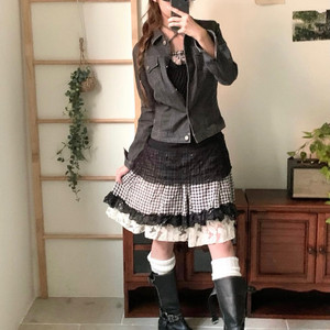 빈티지코디 세트 레이어드 캉캉 치마 + 데님 자켓 5종세트