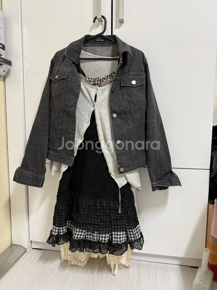 빈티지코디 세트 레이어드 캉캉 치마 + 데님 자켓 5종세트--1