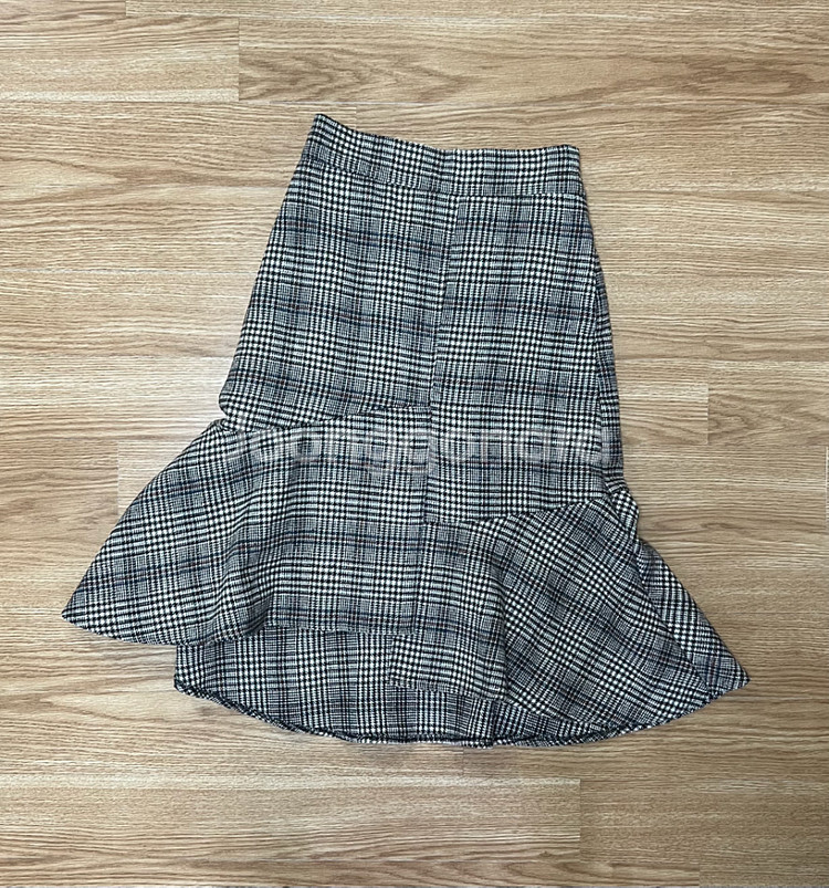 체크 머메이드 언발 미디 스커트--0