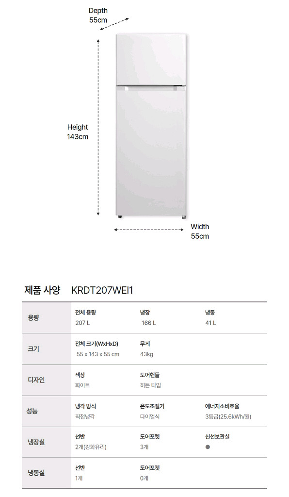 캐리어 클라윈드 207L 2도어 소형 냉장고 KRDT207WEI1--4
