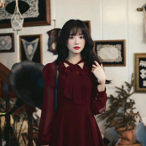 밀크코코아 버건디 시스루 쉬폰 프릴 소매 미니 원피스