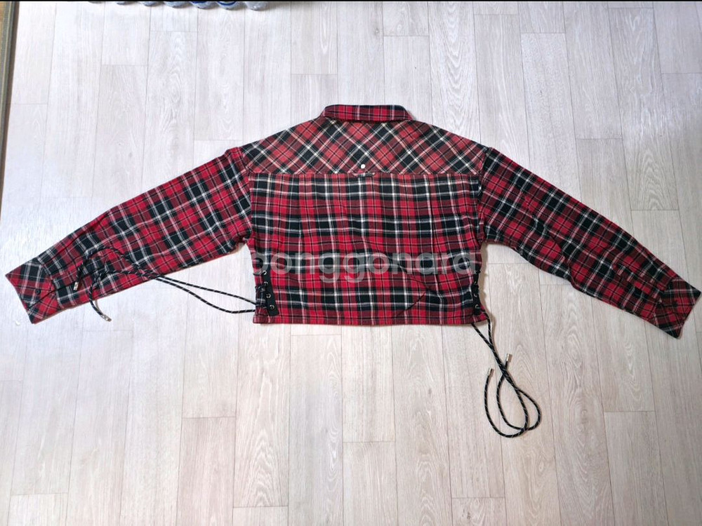 아베나키 어패럴 워시드 체크 레이스업 크롭 셔츠--3