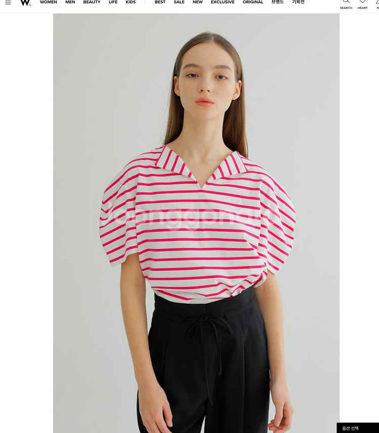 핑크 스트라이프 소매 퍼프 볼륨 반팔티--0