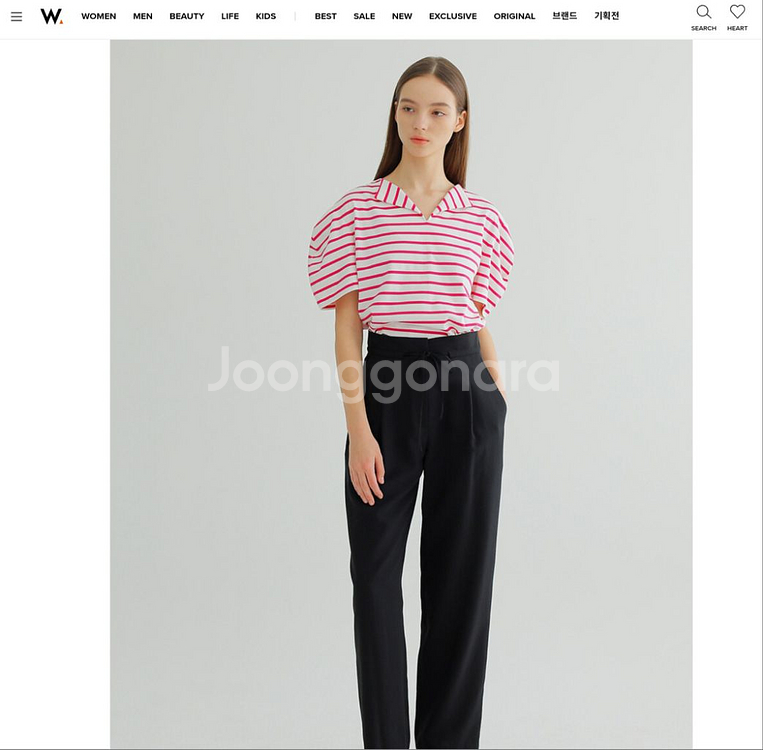 핑크 스트라이프 소매 퍼프 볼륨 반팔티--2