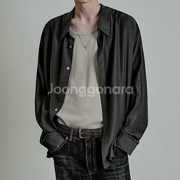 44) 엘무드 실키 스트라이프 셔츠 브라운--0