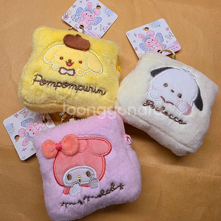 산리오 사각 동전지갑 인형키링. 새제품 마이멜로디(핑크), 폼폼푸린(노랑), 포챠코(크림) 3개.--0