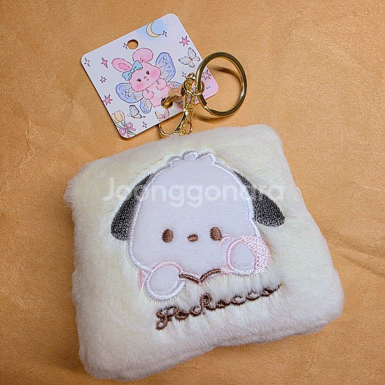 산리오 사각 동전지갑 인형키링. 새제품 마이멜로디(핑크), 폼폼푸린(노랑), 포챠코(크림) 3개.--2