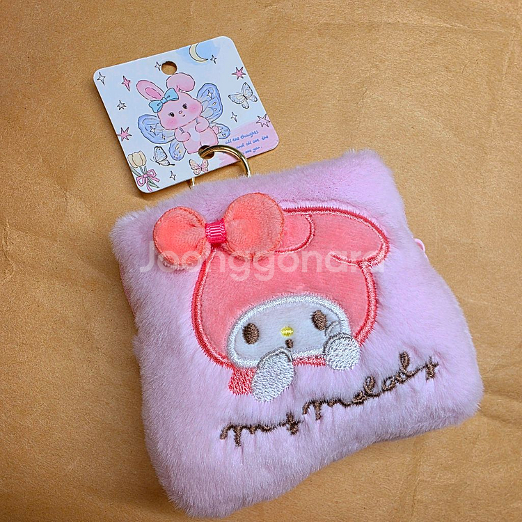 산리오 사각 동전지갑 인형키링. 새제품 마이멜로디(핑크), 폼폼푸린(노랑), 포챠코(크림) 3개.--5